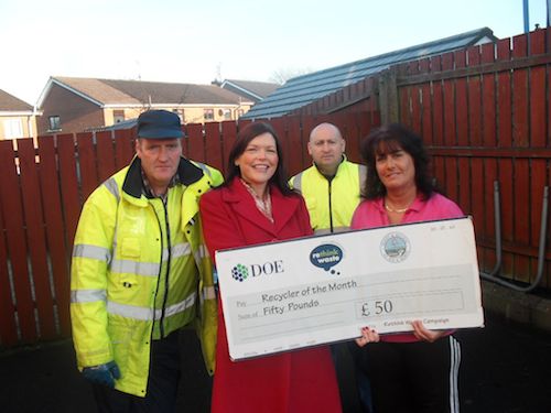Paul Marron (NMDC), Tara Cunningham (Recycling Officer),Robbie Taylor (NMDC) and Pepi Kelly (Winner) 